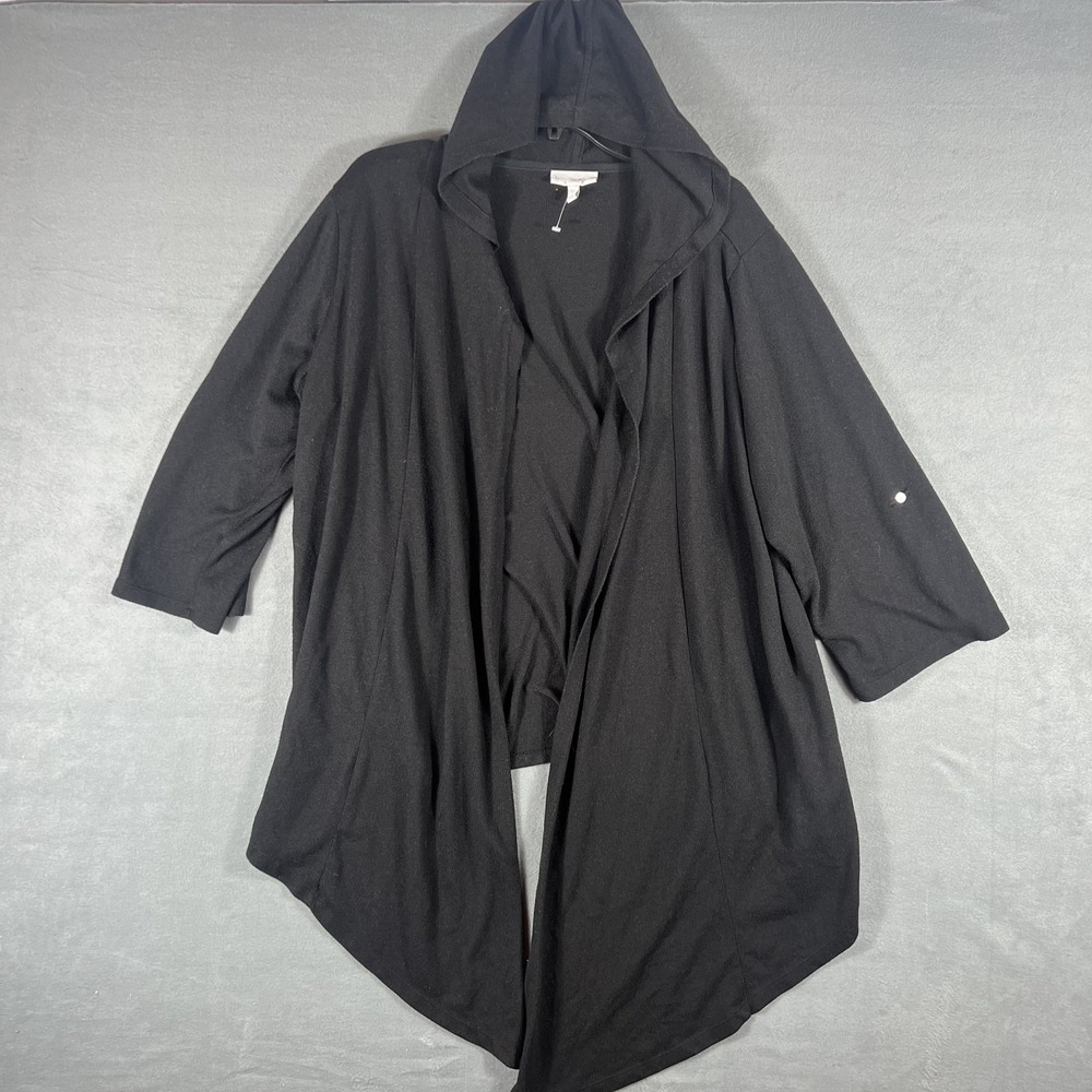 Fashion Bug Women's 1X Black Hooded Open Front Draped Cardigan Roll Tab Sleeve